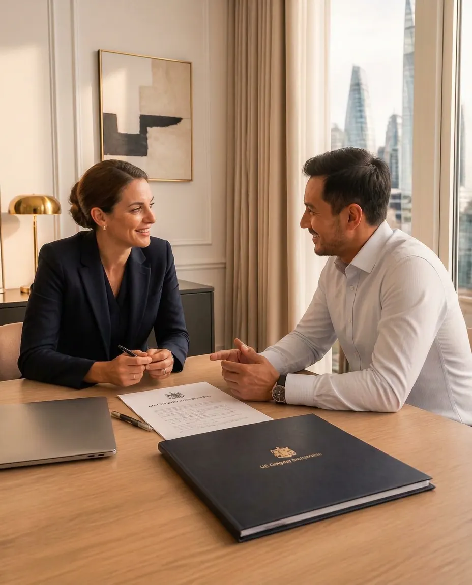 An international founder reviewing UK incorporation documents with an adviser in a bright London office