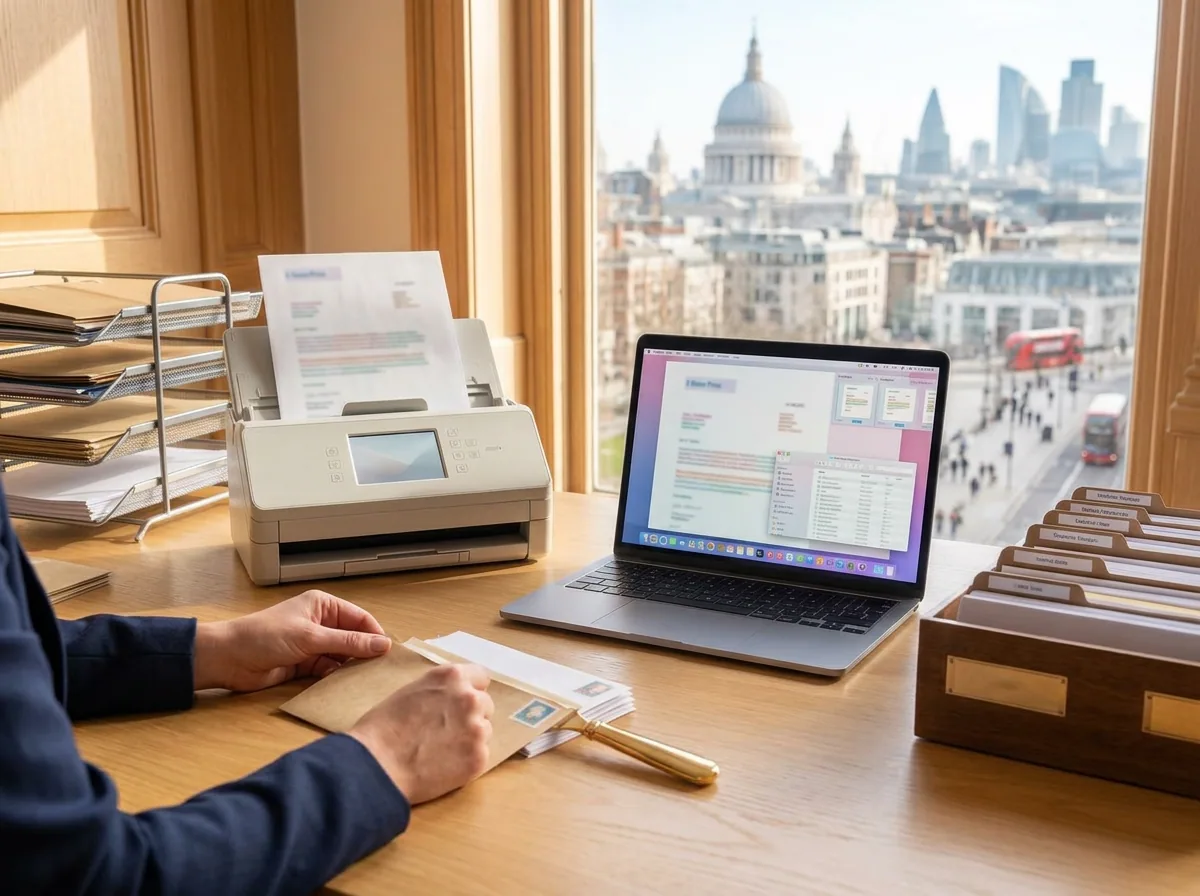 Company mail being scanned and processed at a London office desk