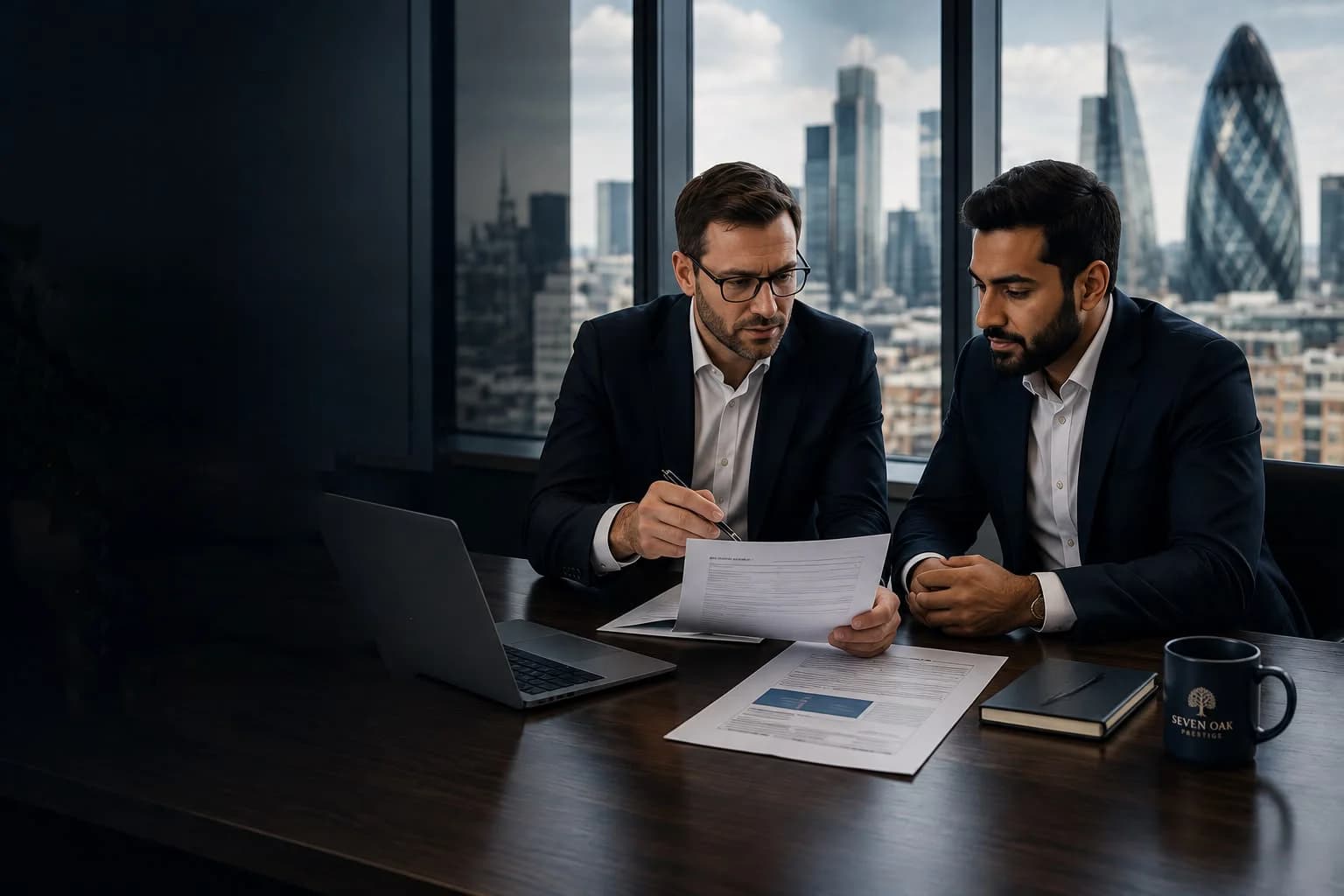 UK Business Banking advisors with London skyline — Seven Oak Prestige