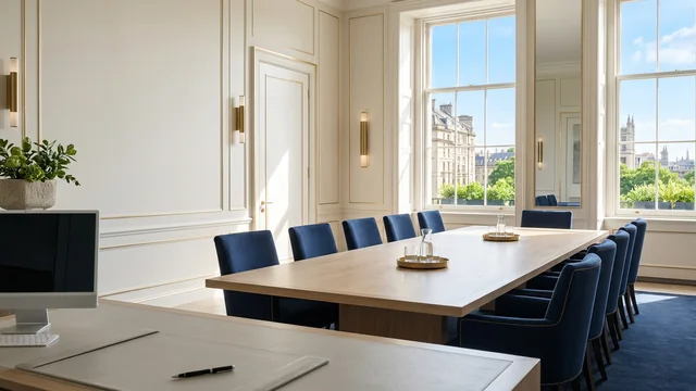 Salle de réunion lumineuse à Londres avec table en chêne clair et chaises marine ; illustration Seven Oak Prestige
