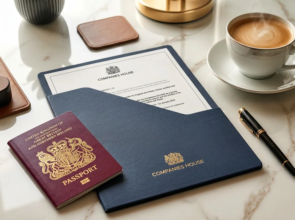 Documents de société britannique et correspondance sur un bureau