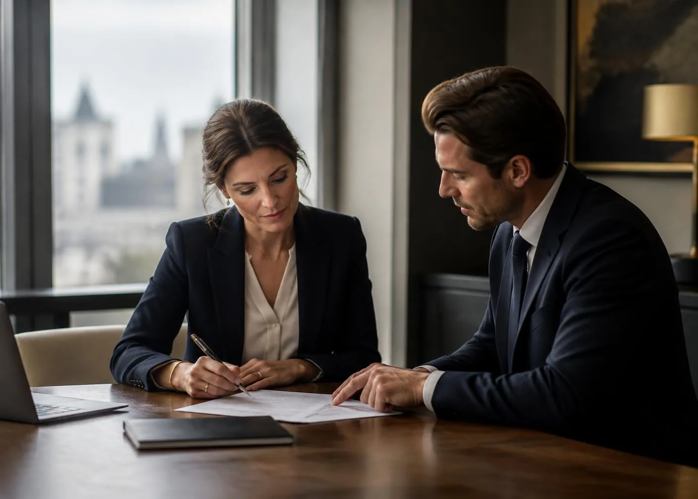 Une entrepreneuse française examine les documents de sa société britannique avec un conseiller à Londres