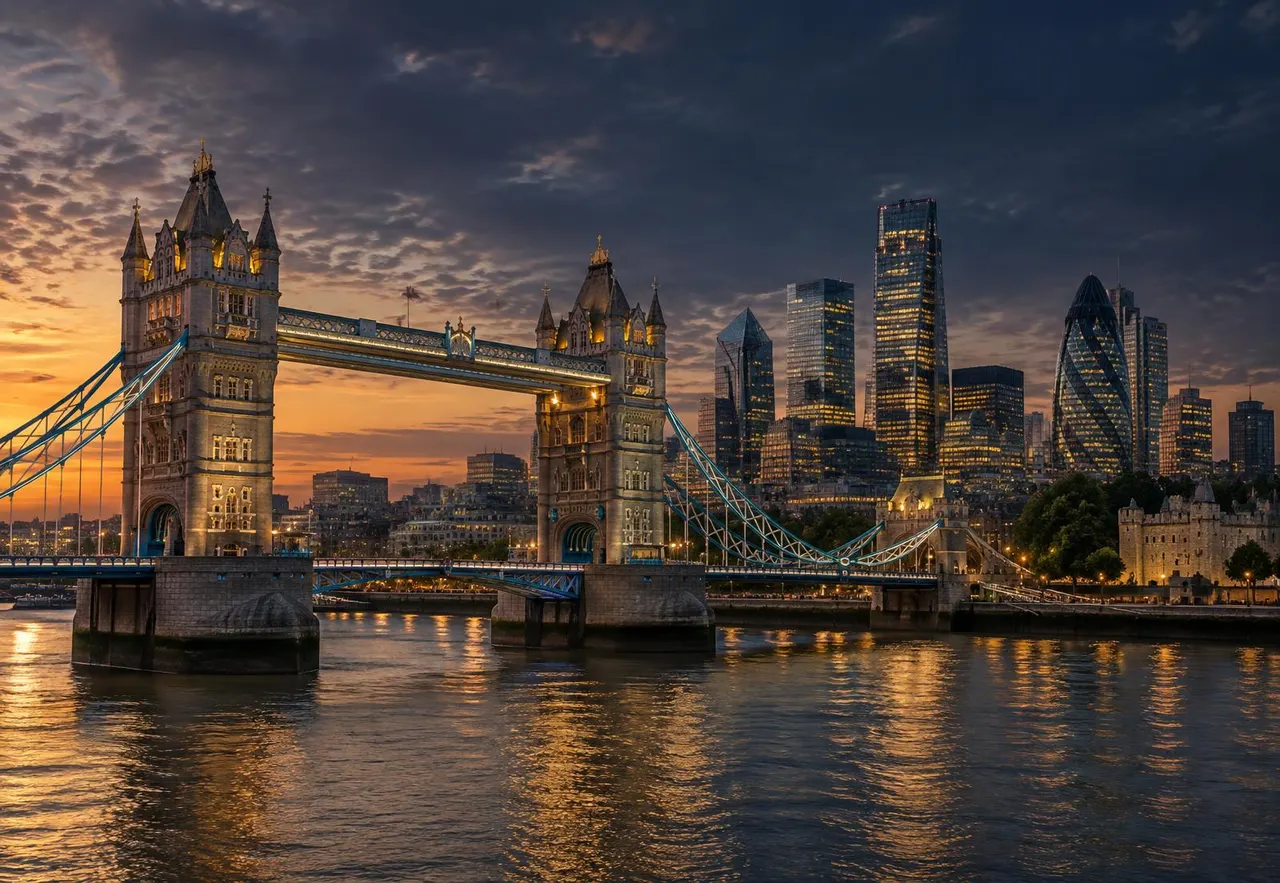Tower Bridge und die Skyline der City of London in der Abenddämmerung