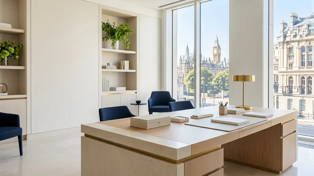 Illustrative daylight London office with a pale executive desk, brass accents and Westminster views; not Seven Oak premises
